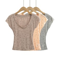 Thin polka dot slightly transparent V-neck Tencel short sleeved top for women