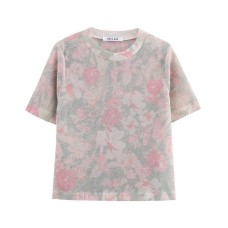 Simple floral print round neck short sleeved knitted top