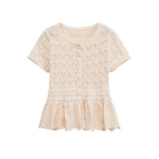 Splicing round neck short sleeved sweet top