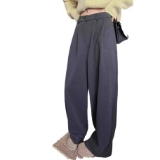 Herringbone Cuffed Two-Way Lazy Style Woolen Casual Wide-Leg Pants for Women High-Waist Slimming Straight Long Trousers