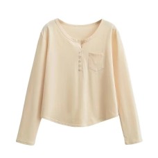 Small round neck half open collar long sleeved top for women