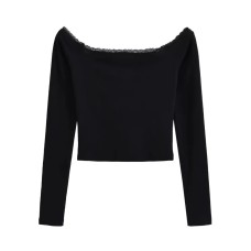 One shoulder patchwork lace backless long sleeved shirt
