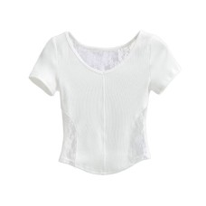 Lace patchwork back see through short sleeved T-shirt short top