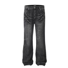 High Street Lightning Crack Washed Denim Trousers with Faded Cat Whiskers Loose Flared Jeans