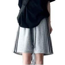 Sporty Shorts for Women - Three Stripes Pattern, Loose Fit, High Waist, Calf-Length, Wide Leg, Straight Leg