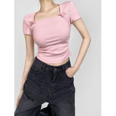 Square collar bow short sleeved T-shirt