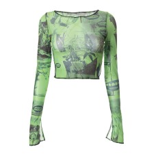 Round neck long sleeved printed top with exposed navel and side opening casual women's top
