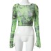 Round neck long sleeved printed top with exposed navel and side opening casual women's top