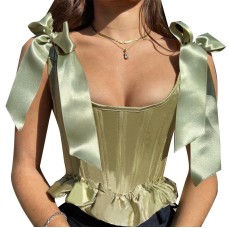 Fish bone waist cinched bow shoulder strap top for women