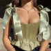 Fish bone waist cinched bow shoulder strap top for women Fish bone waist cinched bow shoulder strap top for women