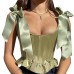 Fish bone waist cinched bow shoulder strap top for women Fish bone waist cinched bow shoulder strap top for women