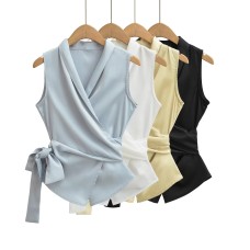 V-neck acetate satin lace up chiffon top
