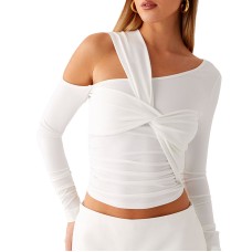 Solid color twisted asymmetrical design long sleeved slim fit top for women's clothing
