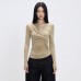 Solid color twisted asymmetrical design long sleeved slim fit top for women's clothing