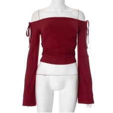 One shoulder long sleeved design with bow tie tie top One shoulder long sleeved design with bow tie tie top