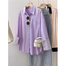 Purple Spliced Striped Polo Collar Shirt Women's Casual Loose Long Sleeve Blouse Design Sense