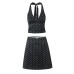 Deep V-neck polka dot halter vest+high waisted A-line skirt