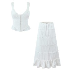Embroidered fishbone camisole top+high waisted lotus leaf edge skirt
