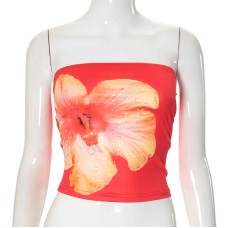 Strapless flower print exposed navel short summer top women's clothing Strapless flower print exposed navel short summer top women's clothing