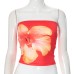 Strapless flower print exposed navel short summer top women's clothing