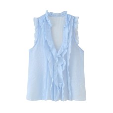 V-neck sleeveless layered decorative pleated solid color top for women