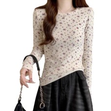 Design Sense Sweet Floral Slimming Long Sleeve T-Shirt for Women, Gentle Style Outerwear Top