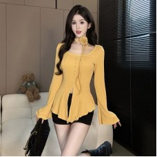 Sexy Slit Design Long Sleeve T-Shirt for Women U-Neck Fitted Top in  Sweet and Spicy Style