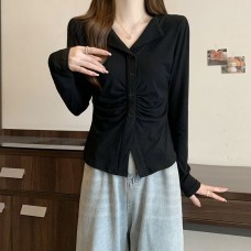 Mature Style Spicy Girl V-Neck Long Sleeve T-Shirt Women's Design Pleated Slimming Fitted Top