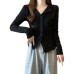 Mature Style Spicy Girl V-Neck Long Sleeve T-Shirt Women's Design Pleated Slimming Fitted Top