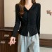Mature Style Spicy Girl V-Neck Long Sleeve T-Shirt Women's Design Pleated Slimming Fitted Top
