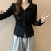 Mature Style Spicy Girl V-Neck Long Sleeve T-Shirt Women's Design Pleated Slimming Fitted Top