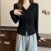 Mature Style Spicy Girl V-Neck Long Sleeve T-Shirt Women's Design Pleated Slimming Fitted Top