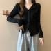 Mature Style Spicy Girl V-Neck Long Sleeve T-Shirt Women's Design Pleated Slimming Fitted Top