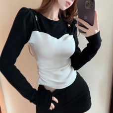 Two-Piece Design Slim Fit Versatile Color Block Long Sleeve T-Shirt Women's Round Neck Top Trendy