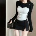 Two-Piece Design Slim Fit Versatile Color Block Long Sleeve T-Shirt Women's Round Neck Top Trendy