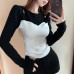 Two-Piece Design Slim Fit Versatile Color Block Long Sleeve T-Shirt Women's Round Neck Top Trendy