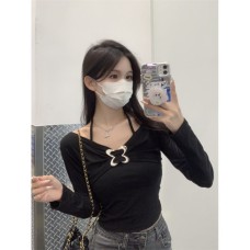 Design Sense Pure Desire Style Long Sleeve T-Shirt for Women, Shoulder-Baring Halter Slim Top