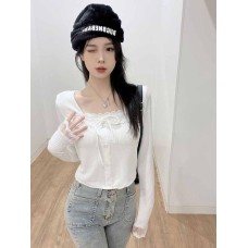 Lace Splicing Long Sleeve T-Shirt for Women Sweet and Sexy Slim Fit Top