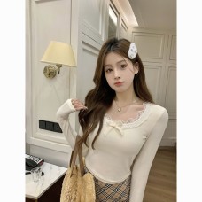 Sexy Lace Trim Long Sleeve Round Neck Pure Desire T-Shirt Women's Fall New Base Layer Fitted Top Sexy Lace Trim Long Sleeve Round Neck Pure Desire T-Shirt Women's Fall New Base Layer Fitted Top