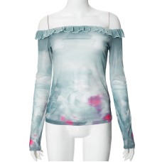 Printed one collar long sleeved shirt with ruffle edges Printed one collar long sleeved shirt with ruffle edges