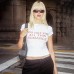 Letter printed round neck pullover short sleeved crop top with exposed navel