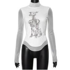 Skeleton print mesh patchwork top for women