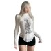 Skeleton print mesh patchwork top for women