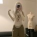 Skeleton print mesh patchwork top for women