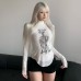 Skeleton print mesh patchwork top for women