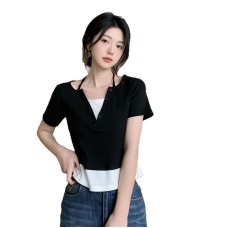 French Sweet and Spicy Halter Fitted Short Sleeve Slim Design Fake Two-Piece Crop Top