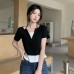 French Sweet and Spicy Halter Fitted Short Sleeve Slim Design Fake Two-Piece Crop Top