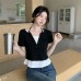 French Sweet and Spicy Halter Fitted Short Sleeve Slim Design Fake Two-Piece Crop Top