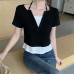 French Sweet and Spicy Halter Fitted Short Sleeve Slim Design Fake Two-Piece Crop Top