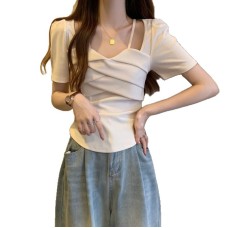 Sweet Style Square Neck Regular Shoulder Short Sleeve Women's Slimming Short Top